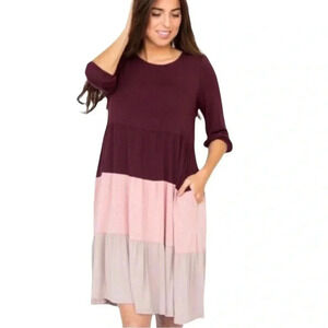 Agnes & Dora Raisin, Mauve, and Mocha 
Color Block Tier Dress with pockets. XS
